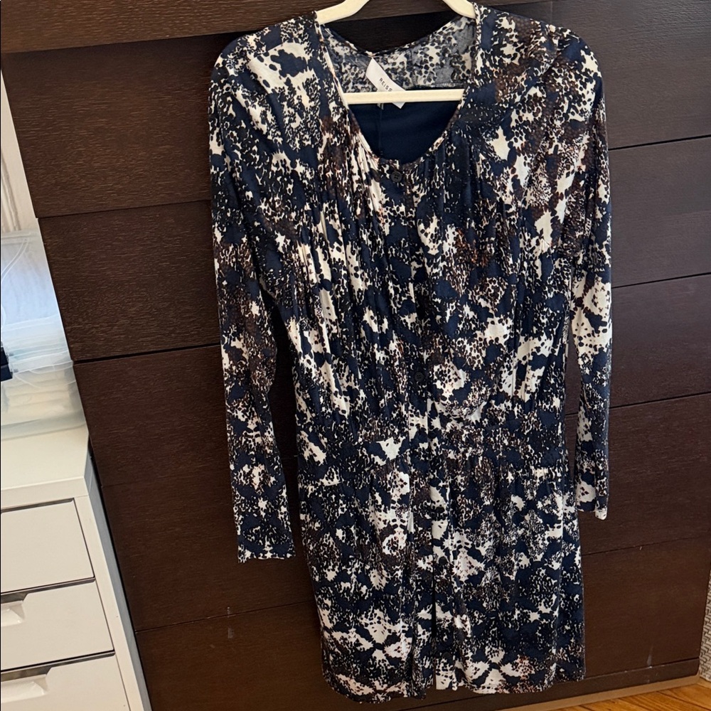 Reiss Navy Brown and Cream Patterned Dress